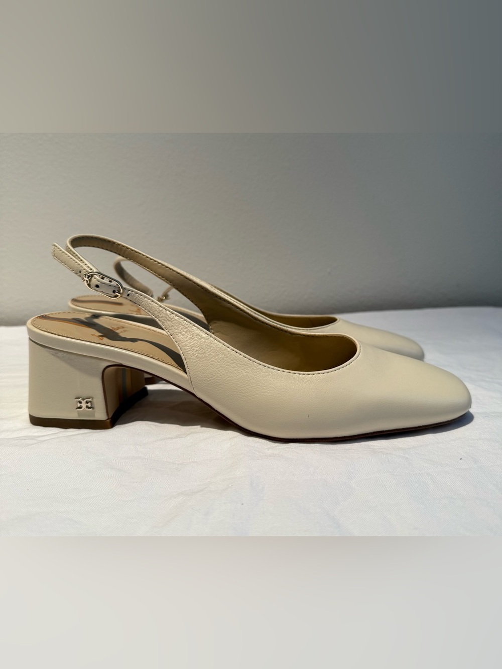 Sam Edelman Leather Cream Slingback Block Heels Sz 5.5 Ivory Square Toe Pumps - Picture 3 of 13